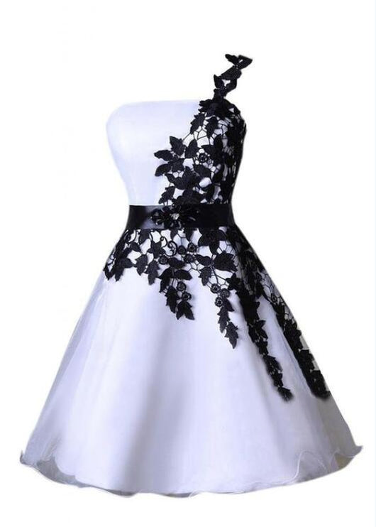 Ένας ώμος μαύρα φορέματα χορού homecoming δαντελλών χαριτωμένα σύντομα, CM0007