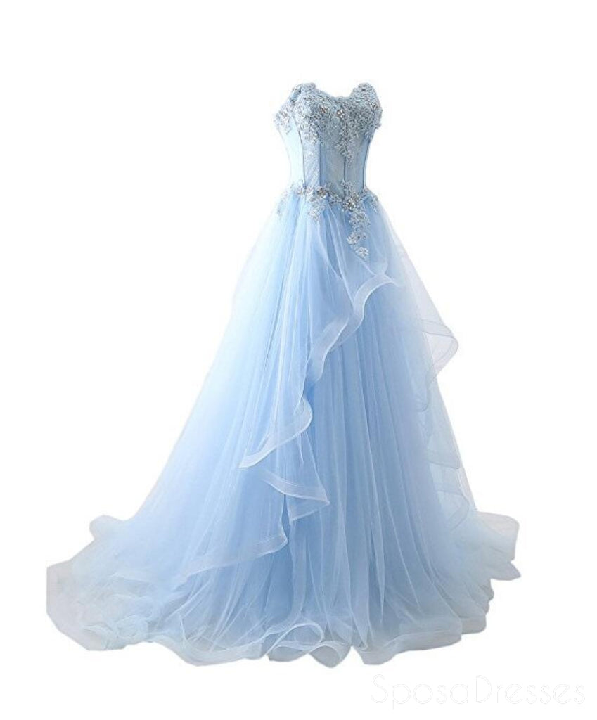 Light Blue Sweetheart See Through Lace Tulle A Linha Longa Noite Vestidos de baile, 17524