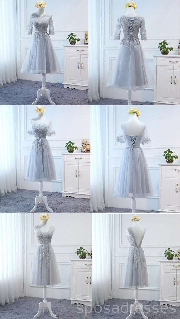 Nicht übereinstimmende Grau Lace Kurze Brautjungfer Kleider, Billige Benutzerdefinierte Kurze Brautjungfer Kleider Erschwinglich Brautjungfer Kleider, BD026