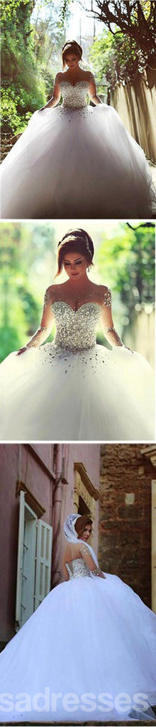 L'illusion splendide la longue manche le faux diamant perlé lace la robe de mariée de robe de boule, WD0200