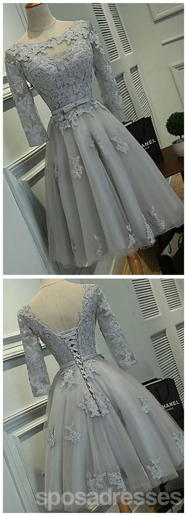 Long Sleeves Grey Lace Short Cheap Homecoming Vestidos Online, CM561