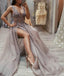 Sexy V Neck See Through Grey Side Slit Lace Long Evening Prom Vestidos, Cheap Sweet 16 Vestidos, 18440