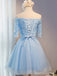 Κοντά μανίκια ώμου Μπλε δαντέλα Homecoming Prom φορέματα, Προσιτά φορέματα κοντό πάρτι Prom, Perfect Homecoming φορέματα, CM287