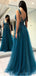 Unique Sarcelle v Neck Side Fente A-line Long Evening Prom Robes, Cheap Sweet 16 Robes, 18350