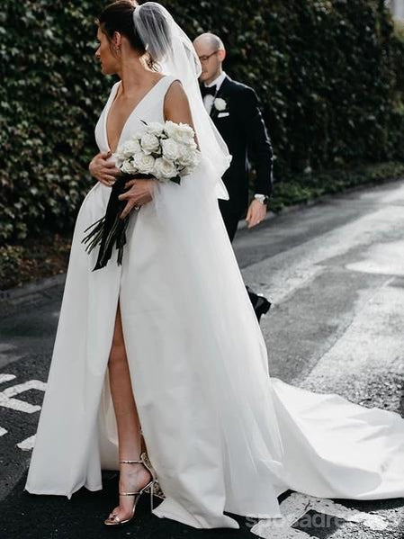 Simples com decote em v uma linha lateral fenda vestidos de casamento baratos on-line, vestidos de noiva exclusivos baratos, WD605