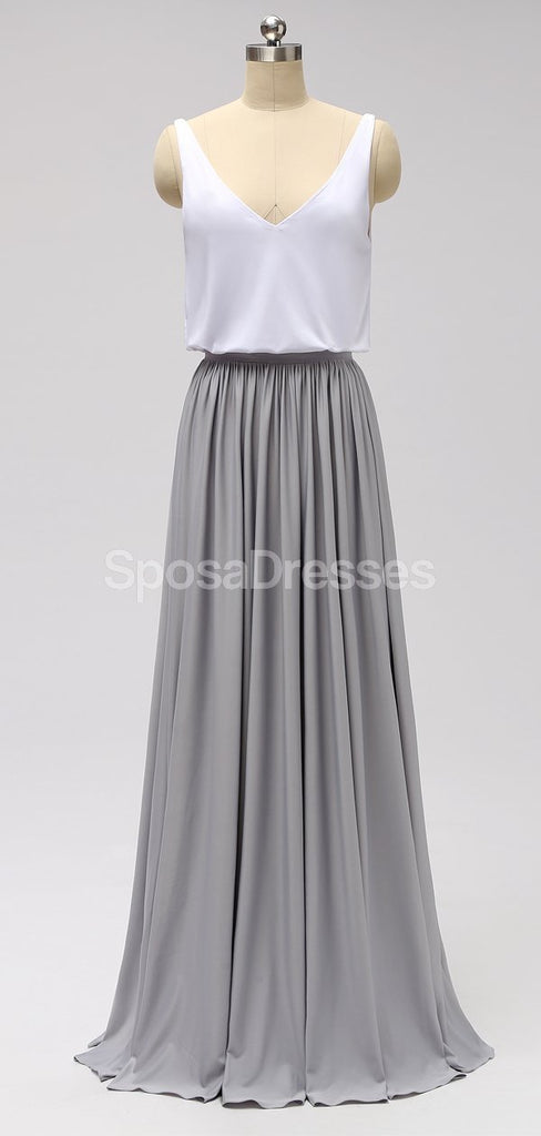 Vestidos de dama de honra baratos branco e cinza até o chão, casuais e baratos, WG601
