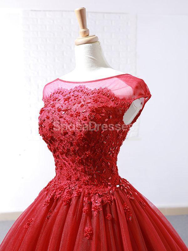 Mangas de boné Ruffles Red Ball Gown Vestidos de Baile de Formatura, Vestidos de Baile de Festa da Noite, 12265