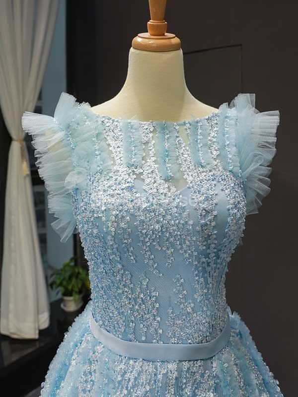 Unique Tiffany Blue A-line Ruffle Long Evening Prom Robes, Robes de bal soirée, 12235