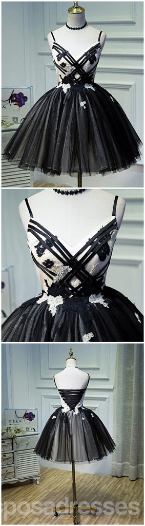 Σπαγγέτι λουριά μαύρα φορέματα χορού Homecoming δαντελλών χαριτωμένα, φτηνά φορέματα κοκτέιλ, CM346