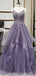 Gris Violet Volants Dentelle Perlée Longue Pas Cher Robes De Bal De Soirée, Robes De Soirée De Soirée, 12335