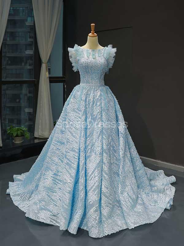 Unique Tiffany Blue A-line Ruffle Long Evening Prom Robes, Robes de bal soirée, 12235