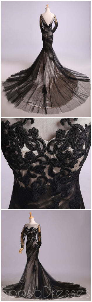 Longues manches sirène de lacet noire longues robes de bal d'étudiants du soir, 16 robes douces bon marché, 18436