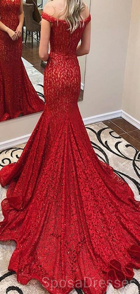 Off Ώμος Κόκκινο Δαντέλα Γοργόνα Βράδυ Prom Φορέματα, Φτηνές Custom Sweet 16 Φορέματα, 18489