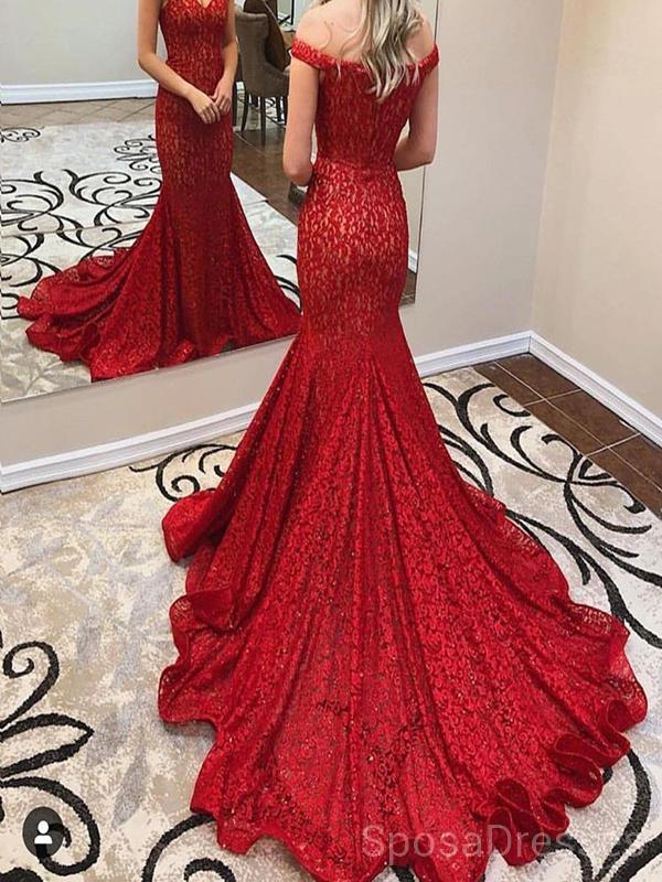 Off Shoulder Red Lace Mermaid Evening Prom Dresses, Cheap Custom Sweet 16 Dresses, 18489