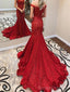 Off Ώμος Κόκκινο Δαντέλα Γοργόνα Βράδυ Prom Φορέματα, Φτηνές Custom Sweet 16 Φορέματα, 18489