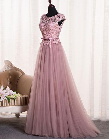 Dusty Pink Open Back Cap Ärmel Custom Long Evening Prom Dresses, 17722
