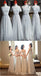 Nicht übereinstimmende elegante graue Spitze weiche Tüll lange Brautjungfernkleider, billige benutzerdefinierte lange Brautjungfernkleider, erschwingliche Brautjungfernkleider, BD014