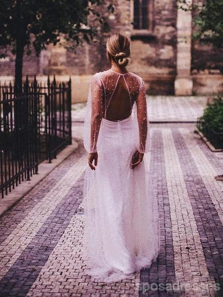 Öffnen Sie Zurücklangarmperlen mit Perlen versehene preiswerte Hochzeitskleider einzigartige preiswerte Online-Brautkleider, WD608