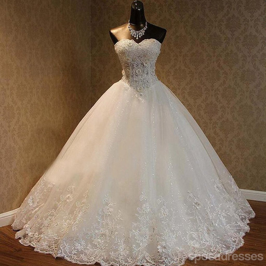 Luxury Sweetheart Rhinestone Beaded White Lace Wedding Dresses, Tulle Bridal Gown, WD0025