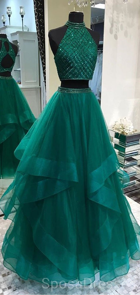 Sexy zweiteilige smaragdgrüne Abendkleider mit offenem Rücken, billige benutzerdefinierte süße 16 Kleider, 18488