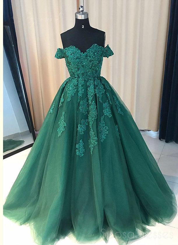 Off-Schulter-Emerald Green Lace A-line Langen Abend Prom Kleider Custom, 17428