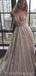 Sexy Backless Deep V Neck Sparkly A-line Long Evening Prom Dresses, Φτηνές Custom Sweet 16 Φορέματα, 18563