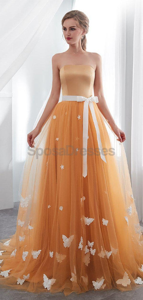 Vestidos de baile de formatura de tule laranja sem alças, vestidos de baile de festa da noite, 12024