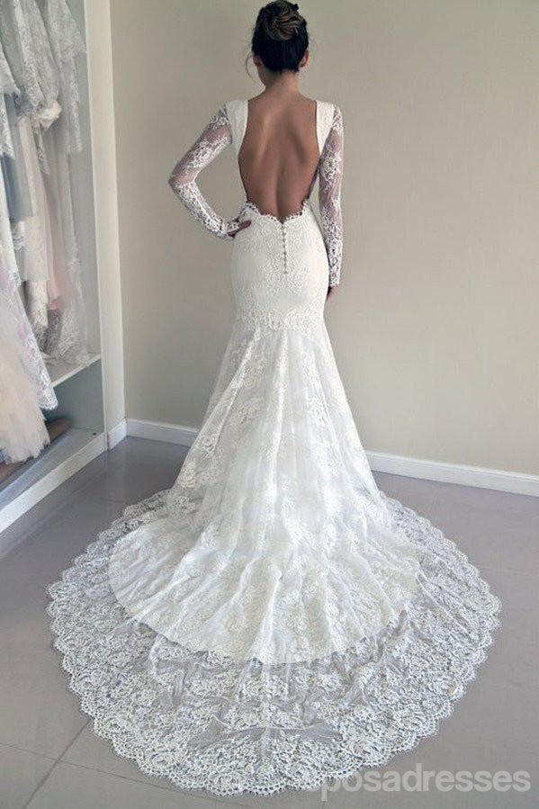 Long Sleeve Lace Backless Mermaid Dresses, 2017 Long Custom Wedding Gowns, Affordable Bridal Dresses, 17116