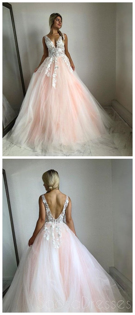 V Neck Lace Peach Tulle A-line Long Evening Prom Dresses, Cheap Sweet 16 Dresses, 18429