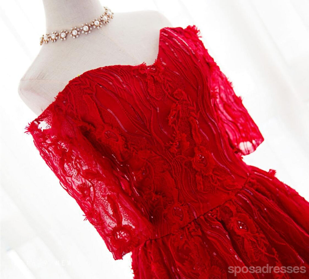 Μακρύ Μανίκι Κόκκινη Δαντέλα διακοσμημένο με Χάντρες Homecoming Prom Φορέματα, Οικονομικά Σύντομο Κόμμα Φορέματα Prom, Τέλεια Homecoming Φορέματα, CM266