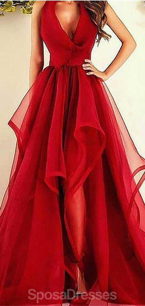 Halter rouge fente latérale volants longues robes de bal de soirée pas cher, robes de bal de soirée, 12343