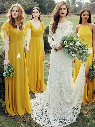Ακατάλληλο κίτρινο μακρύ σιφόν φθηνά φορέματα παράνυμφων σε απευθείας σύνδεση, WG269