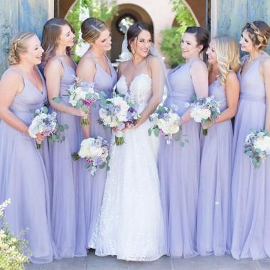 V Neck Lilac Chiffon Cheap Long Bridesmaid Dresses en ligne, WG360