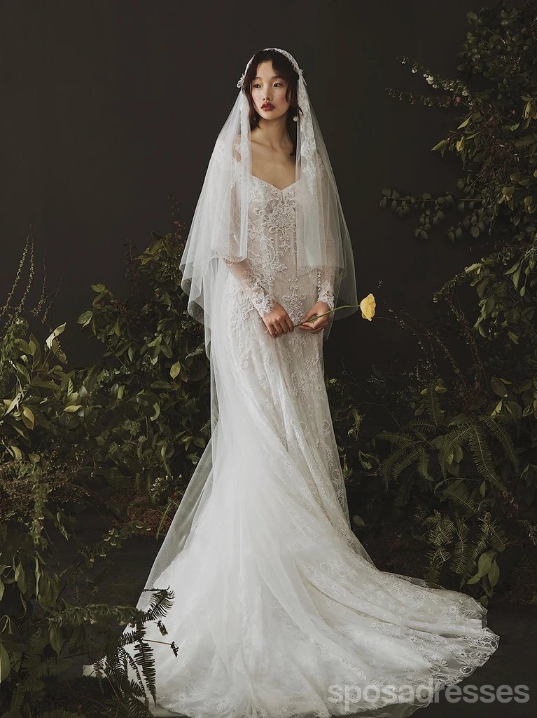 Vestidos de noiva sereia de volta aberta mangas compridas laço on-line, vestidos de noiva baratos, WD631