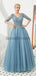 Manches longues bleu perlé A-ligne robes de bal de soirée, robes de soirée, 12130