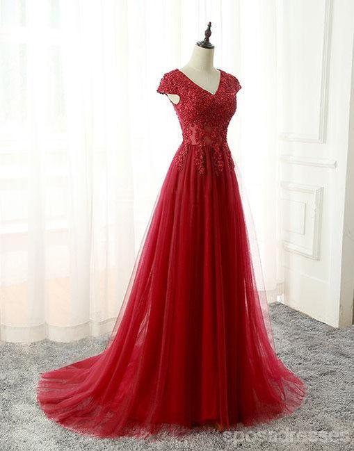 Red Lace Cap Sleeve V Neckline Sexy See Through Long Evening Prom Dresses, Popular Cheap Long Custom Party Prom Dresses, 17335