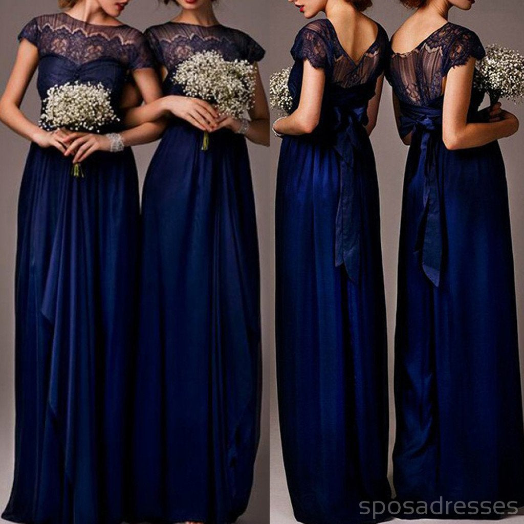 Topo de manga de gorro de desconto impressionante visto - por cadarço vestidos de dama de honra longos azuis reais elegantes, WG030