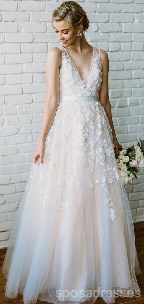 Champagne V Neck Cheap Wedding Dresses Online, Tule A linha de vestidos de noiva, WD436