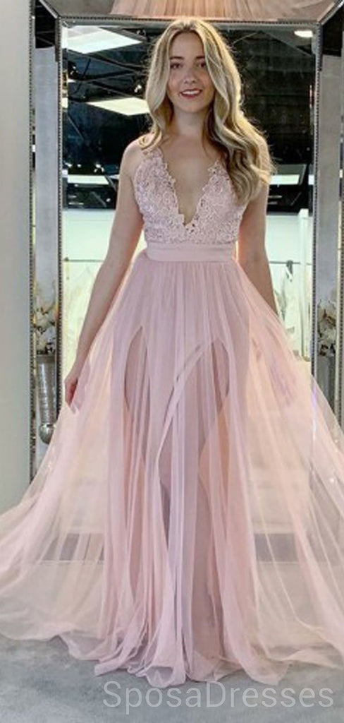 Pale Pink V Neck Side Slit Tulle Long Evening Prom Vestidos, Baratos Custom Sweet 16 Vestidos, 18479