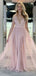 Rose pâle col en V fente latérale Tulle longues robes de bal de soirée, pas cher personnalisé Sweet 16 robes, 18479
