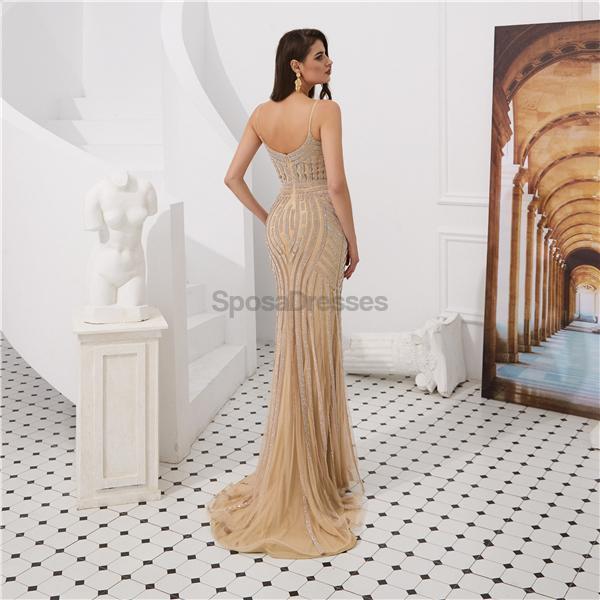 Spaghetti Straps Grey Perled Mermaid Evening Prom Robes, Robes de bal soirée, 12084