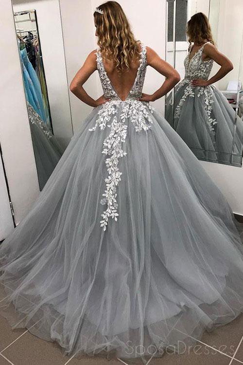 V Neck Grey Lace Ball Gown Long Evening Prom Dresses, Φθηνά Φορέματα Custom Party Prom, 18582