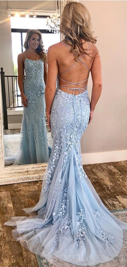 Sexy Backless Blue Lace Mermaid Scoop Long Evening Prom Dresses, Cheap Sweet 16 Vestidos, 18380