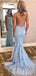 Sexy rückenfreie blaue Spitze Meerjungfrau Schaufel lange Abend Ballkleider, billige süße 16 Kleider, 18380