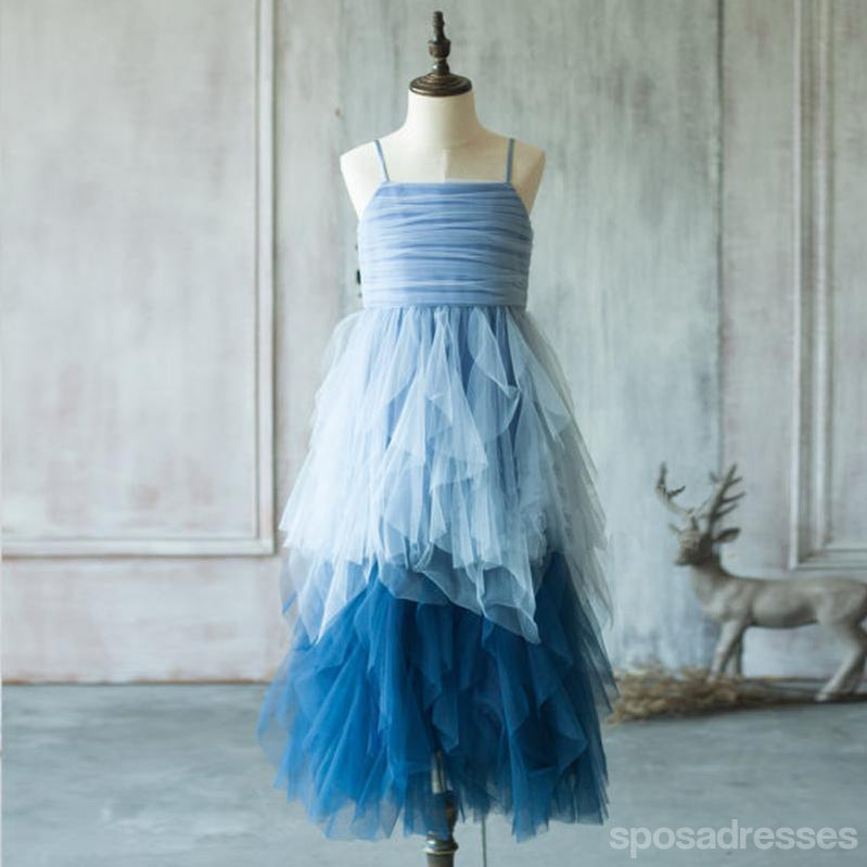 Μοναδικό Σπαγγέτι Μπλε Τούλι Λουλούδι Κορίτσι Φορέματα, Φθηνή Τζούνιορ Παράνυμφος Φορέματα, FG048
