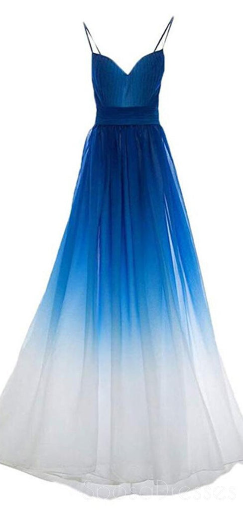 Chiffon blau Ombre Spaghetti Riemen Günstige lange Abend Ball kleider, Sweet16 Kleider, 18392