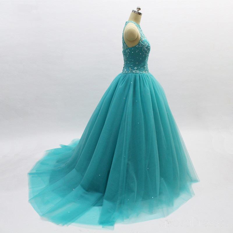 Ball Gown τυρκουάζ Halter Beaded A-line Long Evening Prom Dresses, Cheap Sweet 16 φορέματα, 18356