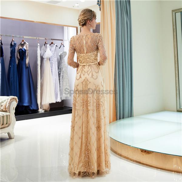 Long Sleeves Heavily Beaded Gold Evening Prom Dresses, Evening Party Prom Dresses, 12059