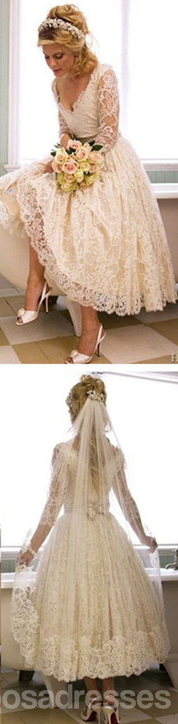 Vantage V-Λαιμό Μακρύ Μανίκι Μήκος Τσαγιού Λευκό Πριγκηπισσών Δαντελλών Γαμήλια Φορέματα Κόμματος, WD0031