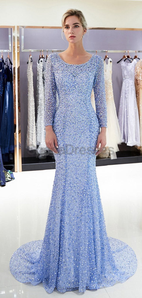 Mangas compridas Azul Fortemente Beaded Mermaid Evening Prom Dresses, Evening Party Prom Dresses, 12057